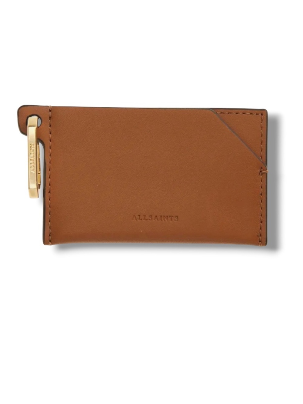 All Saints Sepia Brown Tan Hex Leather Cardholder with Gold Key Clip NWOT